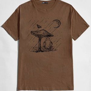 Casual Coffee Brown Men's Tee w/Mushroom & Frog Graphic
